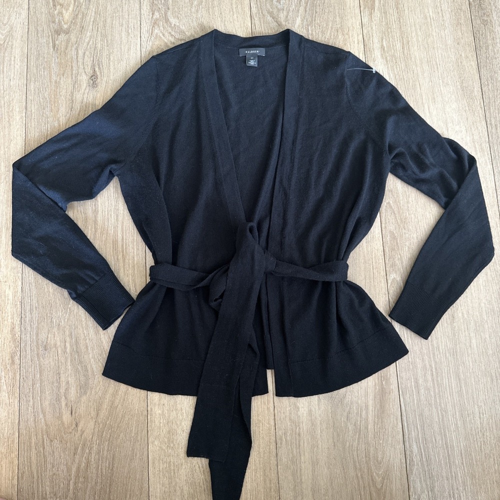 Halogen‎ Black Merino Wool Blend Tie Waist Wrap Cardigan Sweater Womens XS